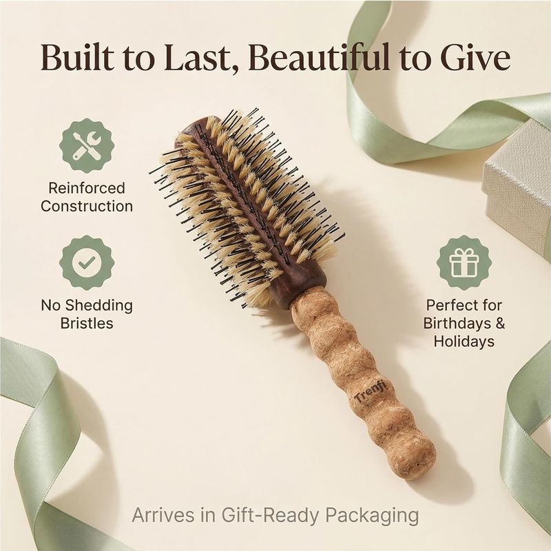 Boar Bristle Round Brush 2.5 Inch, Espresso — Cork Handle, Nylon + Boar Bristles for Blowout Volume, Shoulder to Mid-Back Hair