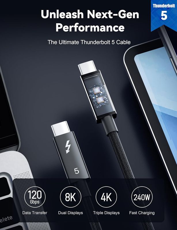 Prime Braided Thunderbolt 5 Cable (1m / 3.3ft) | Dual 8K & Triple 4K Displays | 120Gbps Speed & 240W Power | for MacBook Pro, Mac Studio/Mini, Pro Laptops/PC & Thunderbolt Workstations