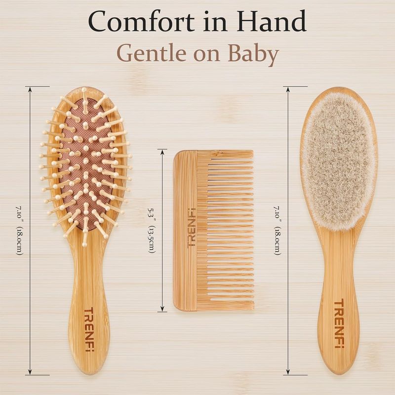 Bamboo Baby Hair Brush & Comb Set (3-Piece) | Ultra-Soft Natural Goat Bristles for Newborns | Gentle Scalp Massage & Detangling Kit | Perfect Baby Registry & Shower Gift