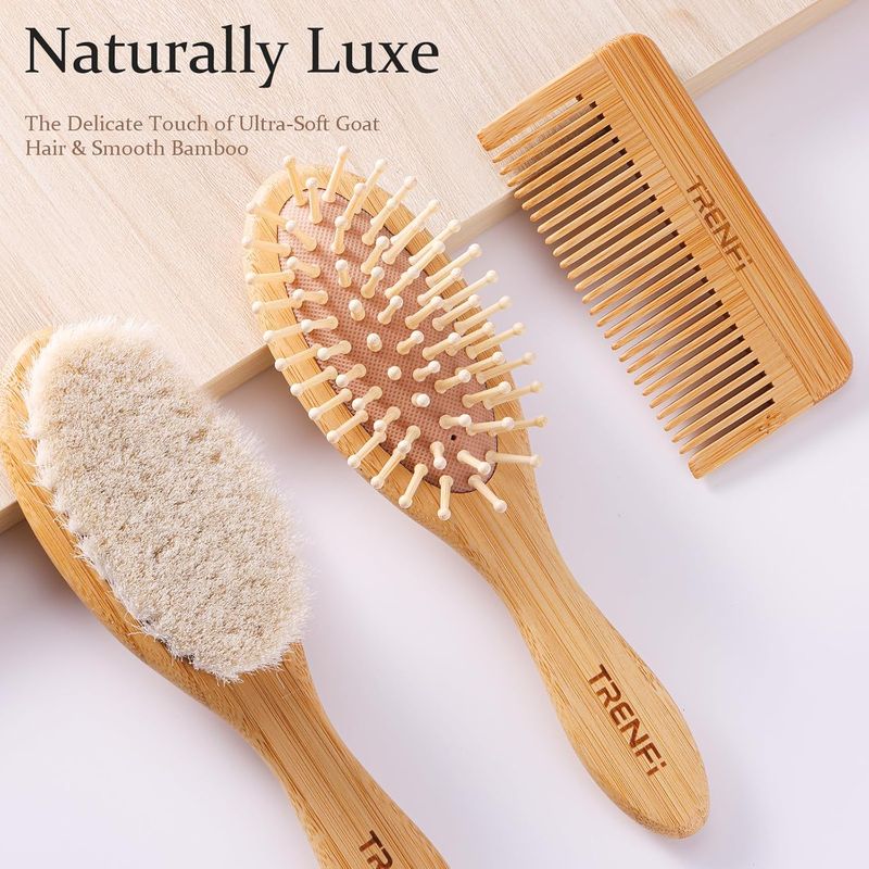 Bamboo Baby Hair Brush & Comb Set (3-Piece) | Ultra-Soft Natural Goat Bristles for Newborns | Gentle Scalp Massage & Detangling Kit | Perfect Baby Registry & Shower Gift