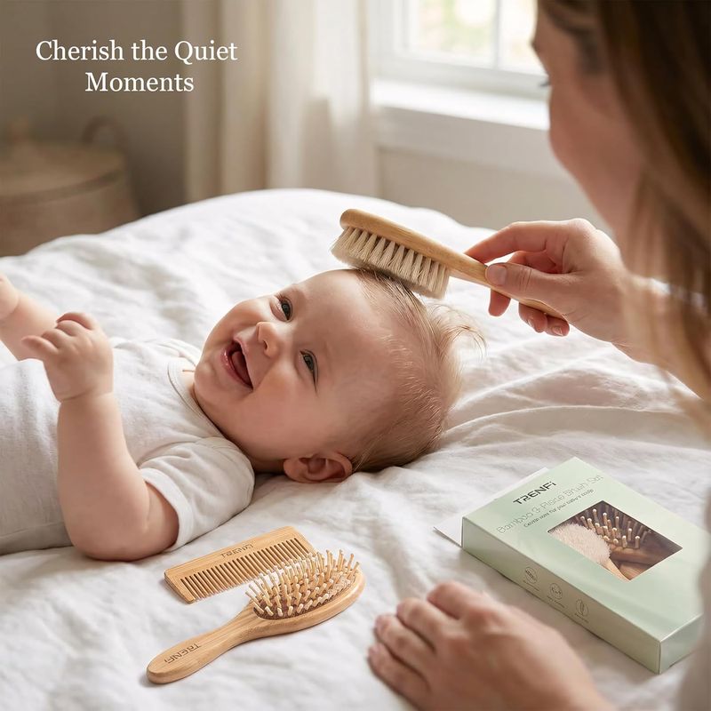 Bamboo Baby Hair Brush & Comb Set (3-Piece) | Ultra-Soft Natural Goat Bristles for Newborns | Gentle Scalp Massage & Detangling Kit | Perfect Baby Registry & Shower Gift