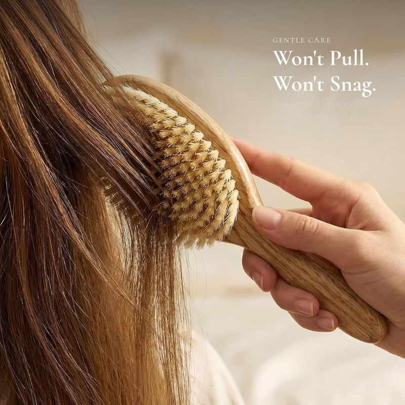 Boar Bristle Hair Brush for Fine Thin Hair — 100% Natural Soft Bristle Finishing Brush, Oversized Oval Head, Solid Red Oak Wood Handle for Women Men