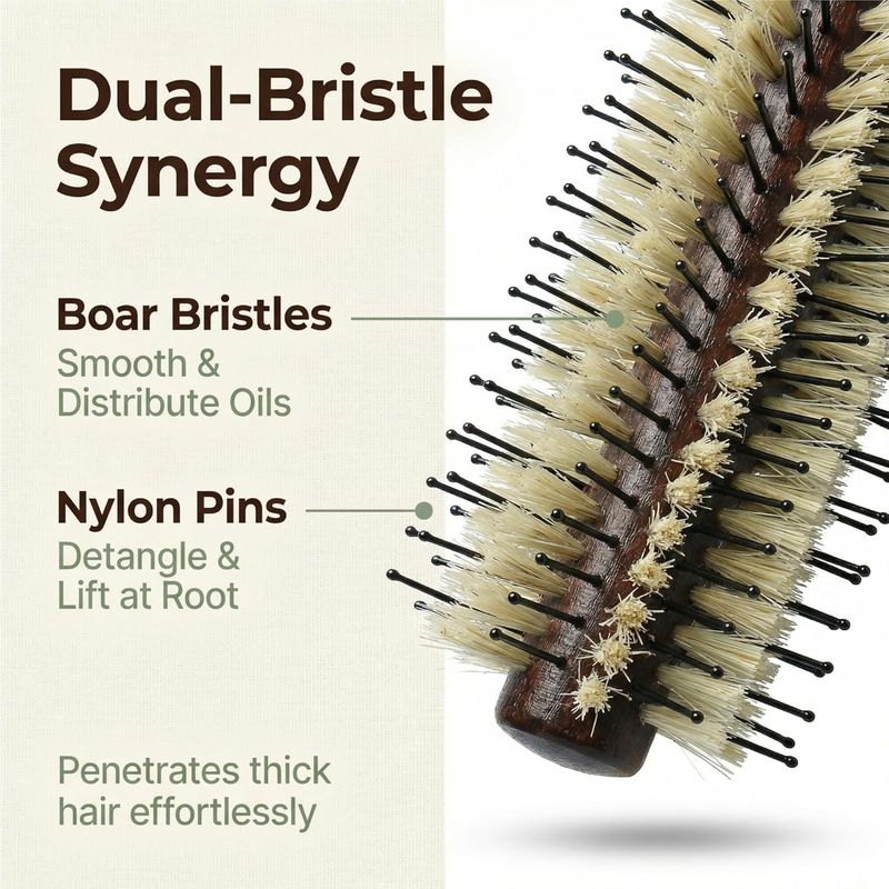 Large Round Brush for Blow Drying 2.75 Inch — Boar Bristle and Nylon Pin Barrel with Cork Handle, Volumizing Hair Brush for Thick Long Hair, Women