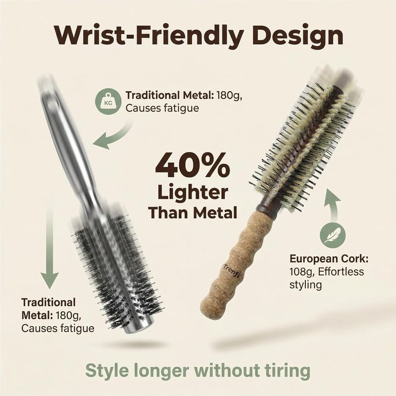 Large Round Brush for Blow Drying 2.75 Inch — Boar Bristle and Nylon Pin Barrel with Cork Handle, Volumizing Hair Brush for Thick Long Hair, Women