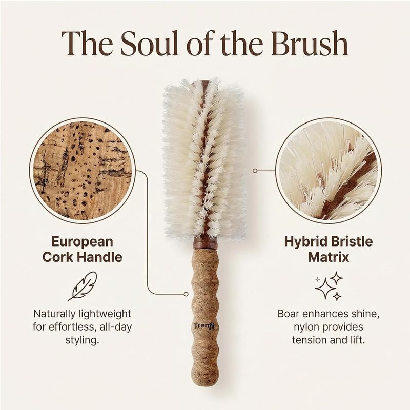 Boar Bristle Round Brush for Blow Drying and Blowout — 2.75 Inch Dual-Fiber Boar and Nylon Barrel with Cork Handle for Volume, Fine to Medium Hair