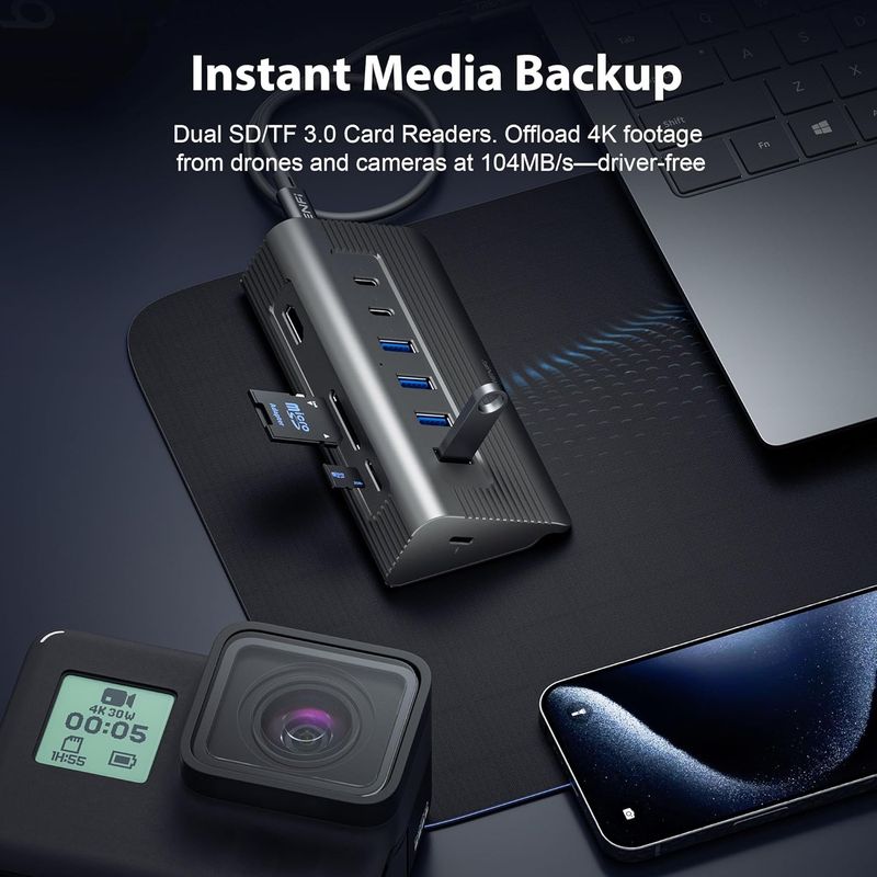 USB C Hub 10-in-1 Detachable Cable, USB 3.2 Gen2 10Gbps — 4K 60Hz HDMI, 100W PD, SD/Micro SD — Docking Station for MacBook Pro/Air M1-M5, Windows Laptop, Mac mini, iPad Pro (Space Gray)