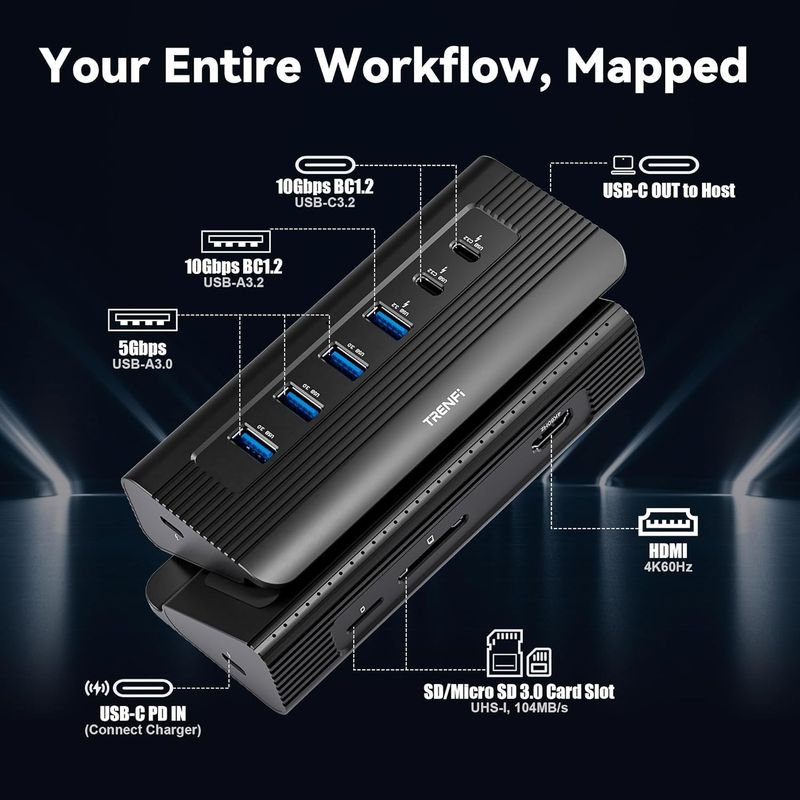 10-in-1 USB C Hub with 2.2ft Detachable Cable | Aluminum 10Gbps USB 3.2 Gen 2 Docking Station with 4K 60Hz HDMI, 100W PD, SD/TF Reader for MacBook Pro/Air M4/M3, iPad Pro, PC Laptops (Midnight)