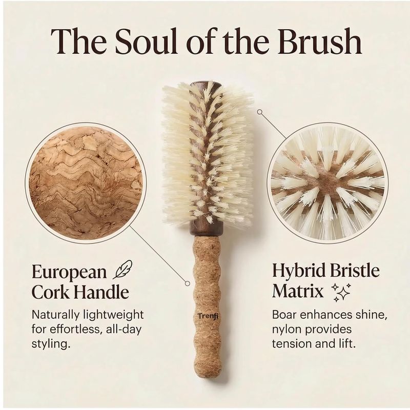 Boar Bristle Round Hair Brush — Lightweight Cork Handle, Blonde Boar and Nylon Bristles, 2.75 Inch Blow Out Barrel, Fine to Medium Hair Blowout for Women