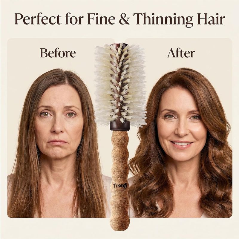 Boar Bristle Round Hair Brush — Lightweight Cork Handle, Blonde Boar and Nylon Bristles, 2.75 Inch Blow Out Barrel, Fine to Medium Hair Blowout for Women