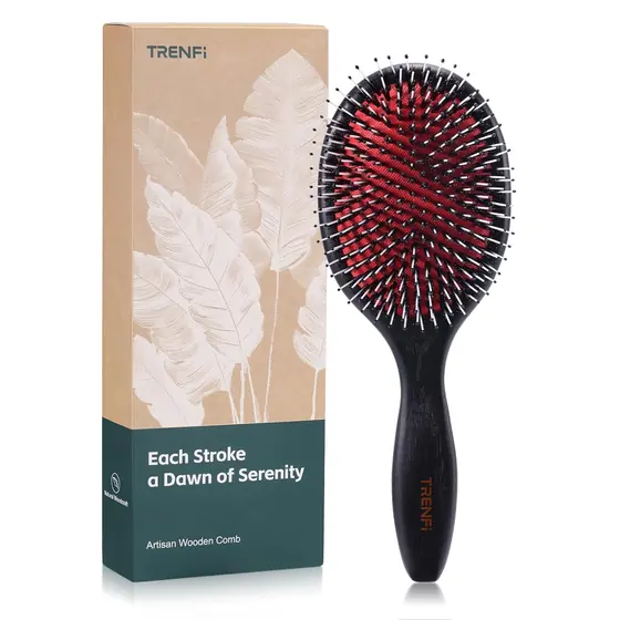 Boar Bristle Hair Brush — Solid Red Oak Oval Cushion Brush for Thick Curly Hair