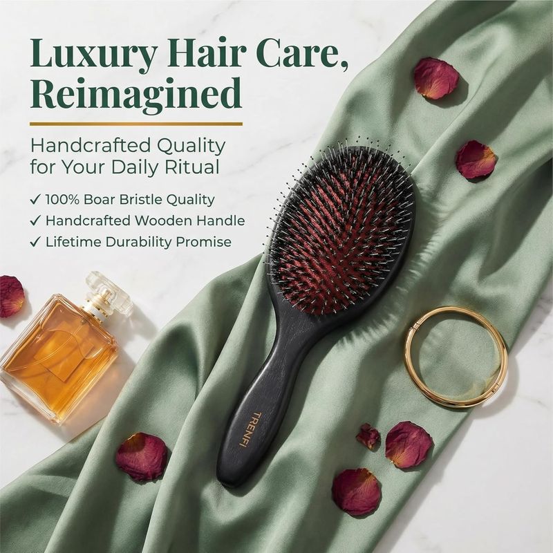 Boar Bristle Hair Brush — Solid Red Oak Oval Cushion Brush for Thick Curly Hair, Detangling and Smoothing Frizz with Nylon Pins, Women and Men (9.45 in)