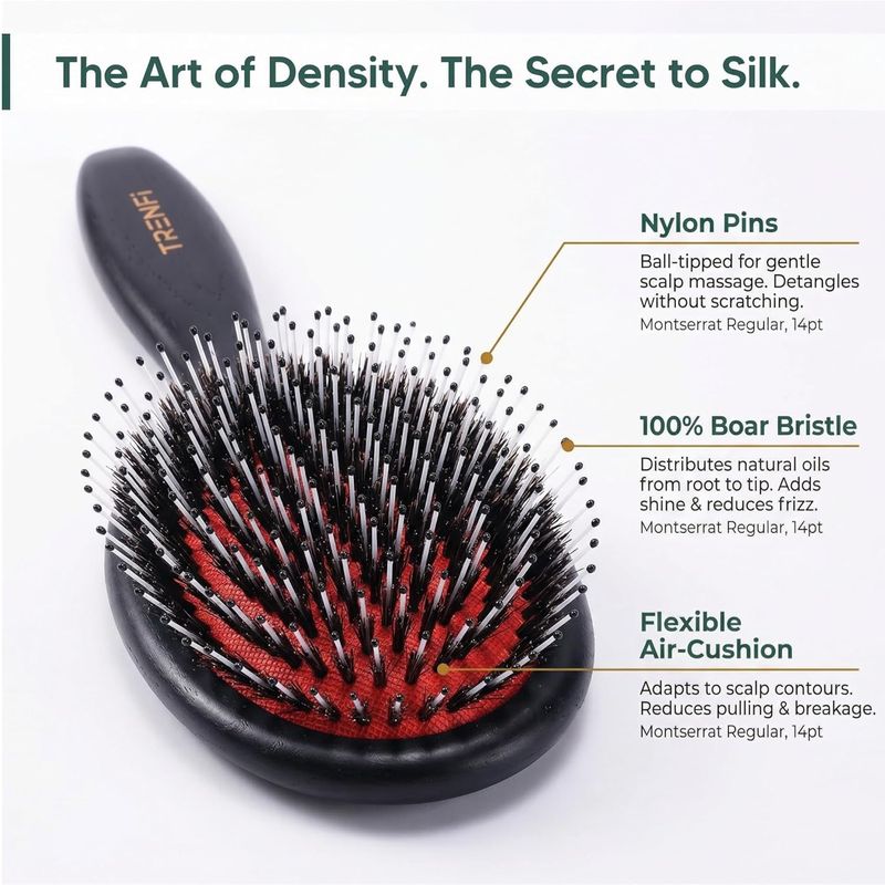 Boar Bristle Hair Brush — Solid Red Oak Oval Cushion Brush for Thick Curly Hair, Detangling and Smoothing Frizz with Nylon Pins, Women and Men (9.45 in)