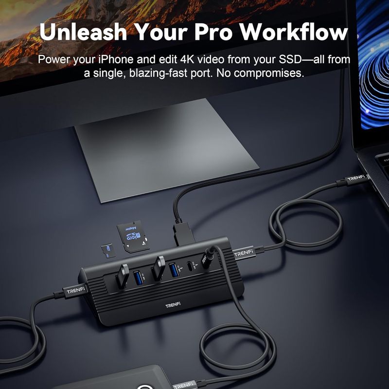 10-in-1 USB C Hub with Detachable Cable, USB 3.2 Gen2 10Gbps, 4K 60Hz HDMI, 100W PD, SD/TF Reader - Aluminum Docking Station for Laptop, PC, MacBook Pro/Air M1-M5, Mac mini (Carbon Black)