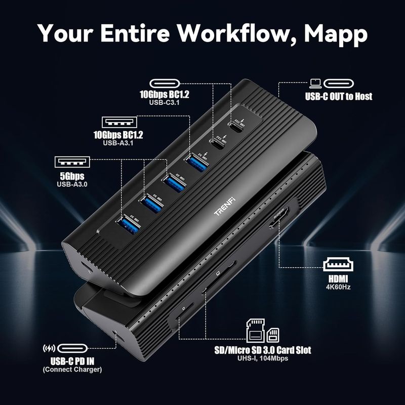 10-in-1 USB C Hub with Detachable Cable, USB 3.2 Gen2 10Gbps, 4K 60Hz HDMI, 100W PD, SD/TF Reader - Aluminum Docking Station for Laptop, PC, MacBook Pro/Air M1-M5, Mac mini (Carbon Black)