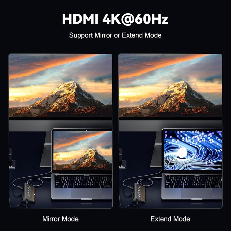 10-in-1 USB C Hub with Detachable Cable, USB 3.2 Gen2 10Gbps, 4K 60Hz HDMI, 100W PD, SD/TF Reader - Aluminum Docking Station for Laptop, PC, MacBook Pro/Air M1-M5, Mac mini (Carbon Black)
