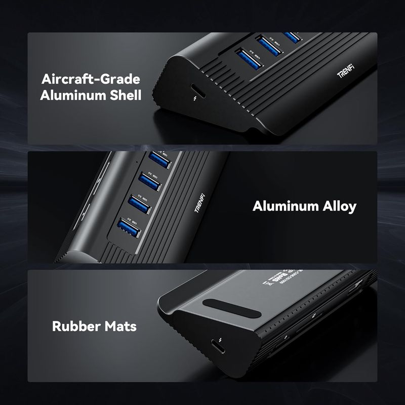 10-in-1 USB C Hub with Detachable Cable, USB 3.2 Gen2 10Gbps, 4K 60Hz HDMI, 100W PD, SD/TF Reader - Aluminum Docking Station for Laptop, PC, MacBook Pro/Air M1-M5, Mac mini (Carbon Black)