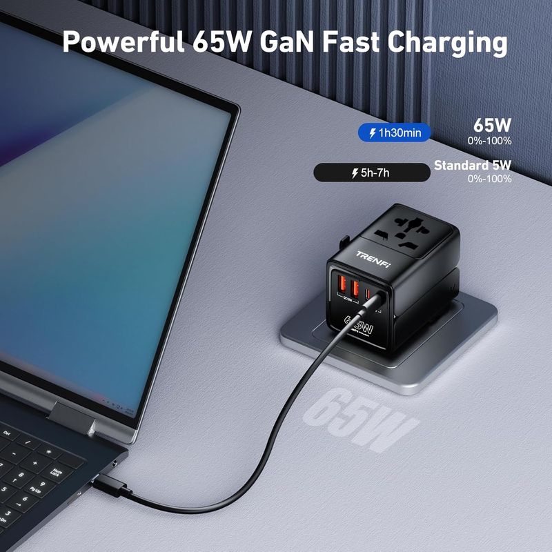 65W GaN+ USB C Compact Universal Travel Adapter, 5-Port 2 USB-C PD3.0 2 USB-A QC3.0 AC Outlet, International Wall Charger for MacBook iPhone iPad Laptop, US UK EU AUS, 200+ Countries