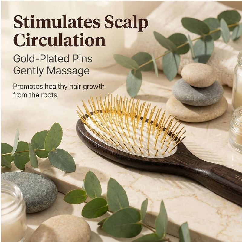 Oval Paddle Brush, Gold-Tone Metal Pins — No Ball Tips, Air-Cushion Base, Willow Wood Handle, Scalp Massage for Thick & Long Hair