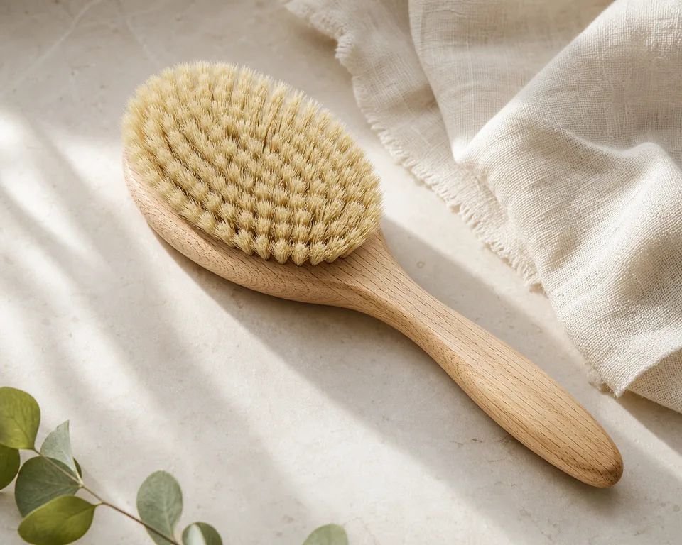 TRENFi wooden boar bristle brush on natural stone and linen